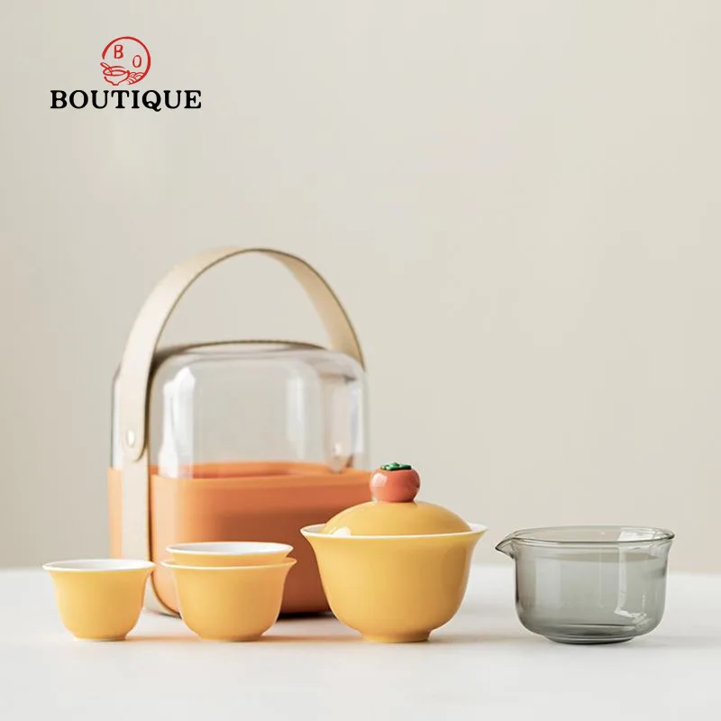 

Persimmon Travel Tea Set Ceramic Gaiwan Camping TeaCup Portable Teaware Set Chinese Cup Porcelain Gongfu Accessories Cups Pot