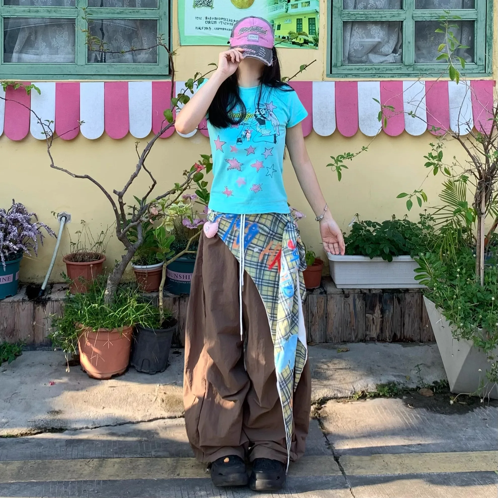 여성 여름 하이 웨이스트 루즈 워크 팬츠 독특한 스플라이싱 디자인의 매운 소녀 스타일 낙하산 바지