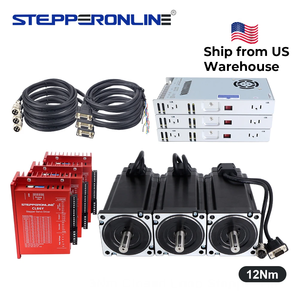 STEPPERONLINE 12Nm Nema 34 Closed Loop Servo Stepper Motor with Encoder CL86Y Driver & 60V Power Supply CNC Kit