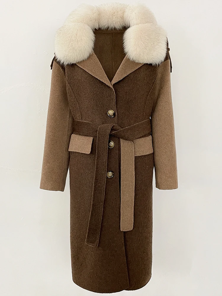 معطف صوف طويل بحزام واحد الصدر للسيدات لعام 2025 ملابس جديدة للخريف والشتاء سترة صوفية من فراء الثعلب الطبيعي والكشمير
