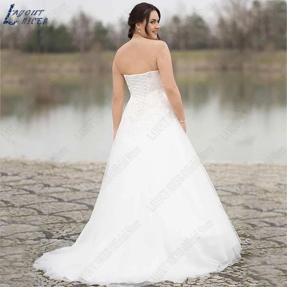 NICEB-vestido de novia sin tirantes, prenda de vestir de talla grande, línea A, encaje, Espalda descubierta, tul, hecho a medidaNICEB-vestido de novia sin tirantes, prenda de vestir de talla grande, línea A, encaje, Es