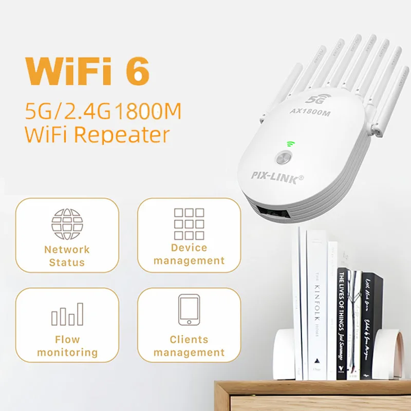 PIX-LINK 8 Antennas High Gain Wireless Amplifier 1800Mbps Dual Band 5G/2.4G Wireless Signal Booster Extend Home Coverage AX19