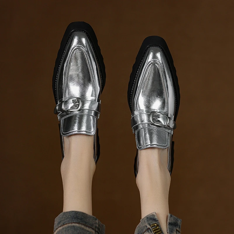 

Women's new leather, cowhide, pointed metal belt buckle, thick sole, waterproof platform, single shoe, loafers, high heels