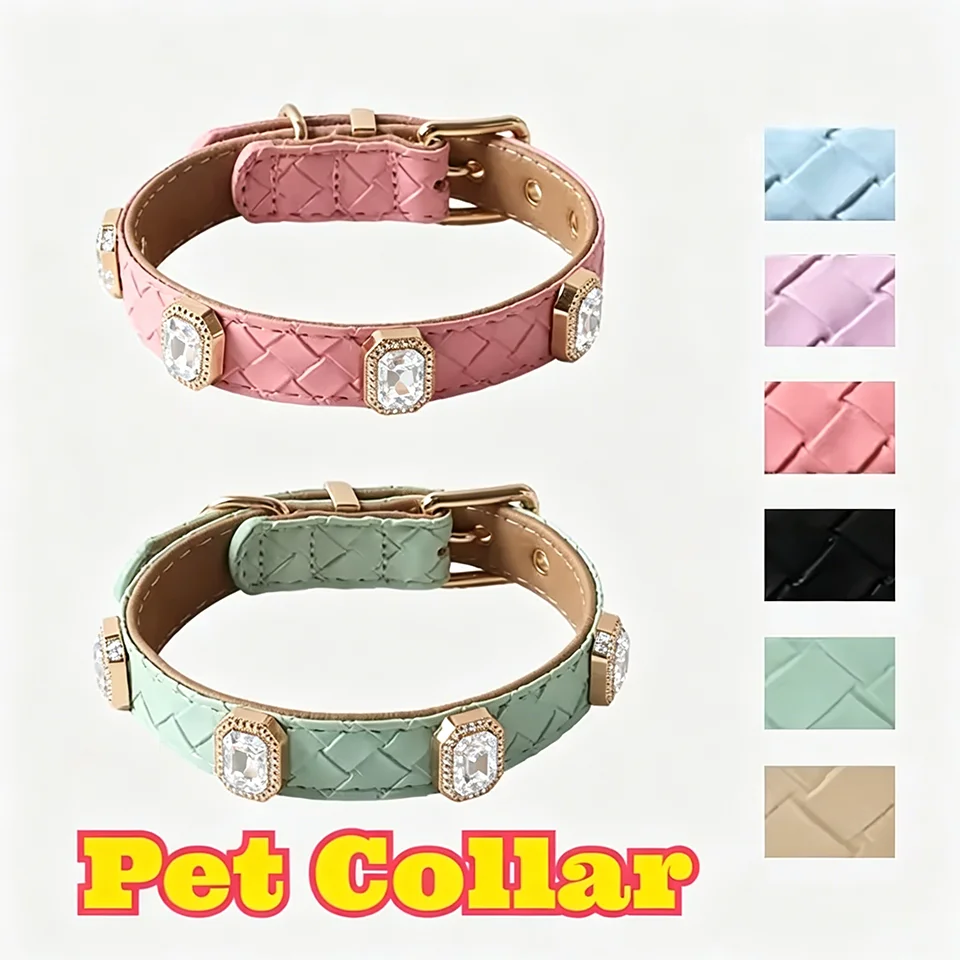 Luxury Clear Crystal Rhinestone Woven PU Leather Puppy Collar Set Adjustable Metal Buckle Small Dog Cat Walking Gear Leash