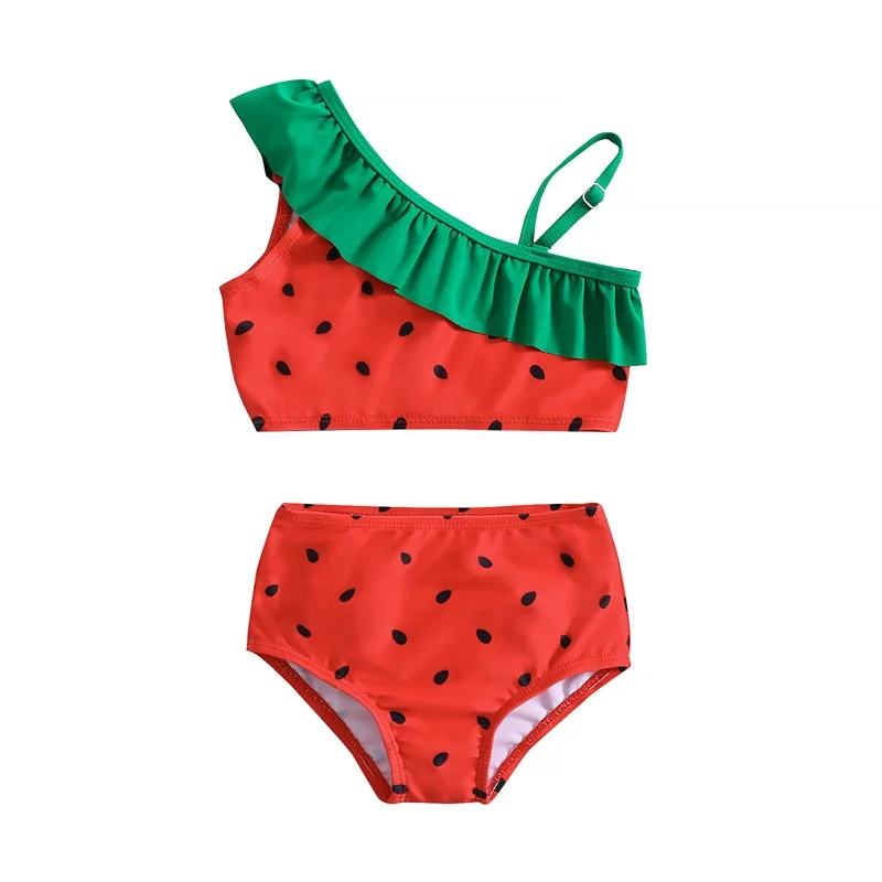 Kids Girls Bikini Set Ruffled Watermelon Seeds Print Tops and Briefs for Summer Beach