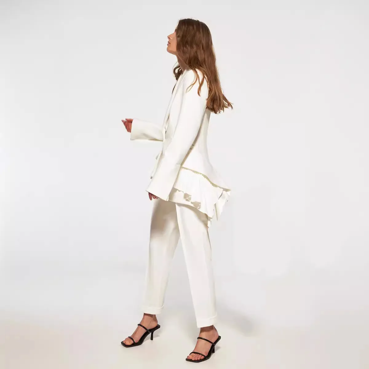 2025 Spring Autumn Blazer White Tailored Ruffled Suit Office Jacket With Hem Pleats For Women Single Buttoned Long Sleeve