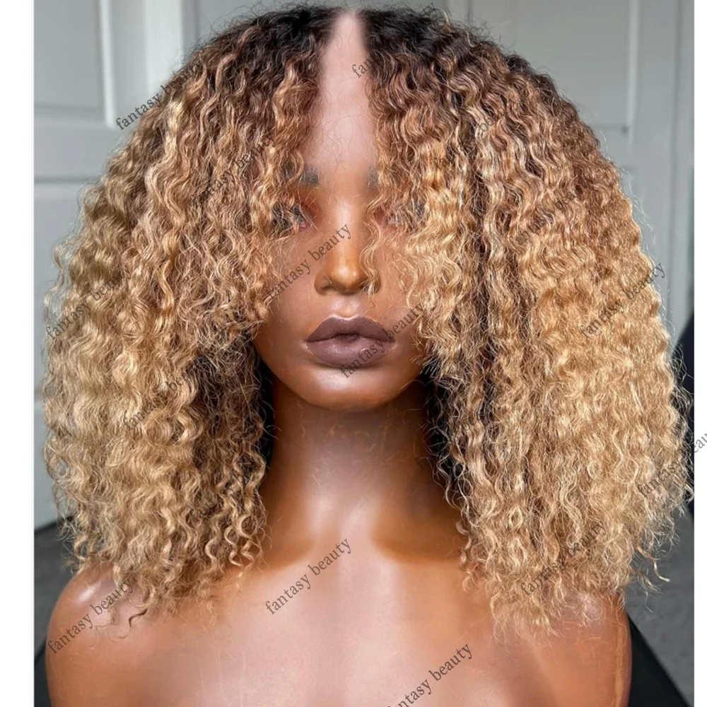 

Ombre Honey Blonde V Part Wig No Leave Out Loose Curly 100% Human Hair Wigs With Clips/Combs Ombre Brown 200 Density Upart Wig