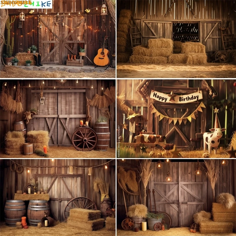 

Western Cowboy Charm of the Countryside Rustic Barn Door Photography Backdrops Hay Bales Wheel Candles Farm Background CO-02