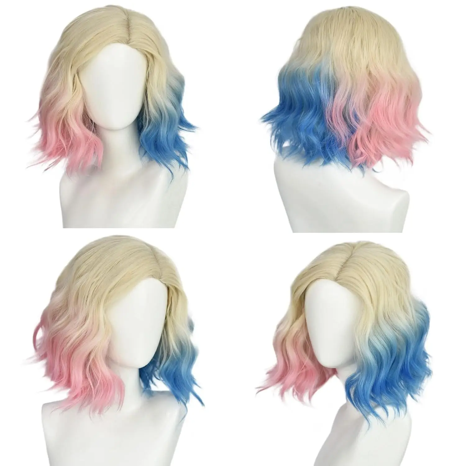 Blauw en roze cosplay pruik voor vrouwen kort blond met roze en blauw ombre haar korte synthetische bob wave pruik voor cosplay