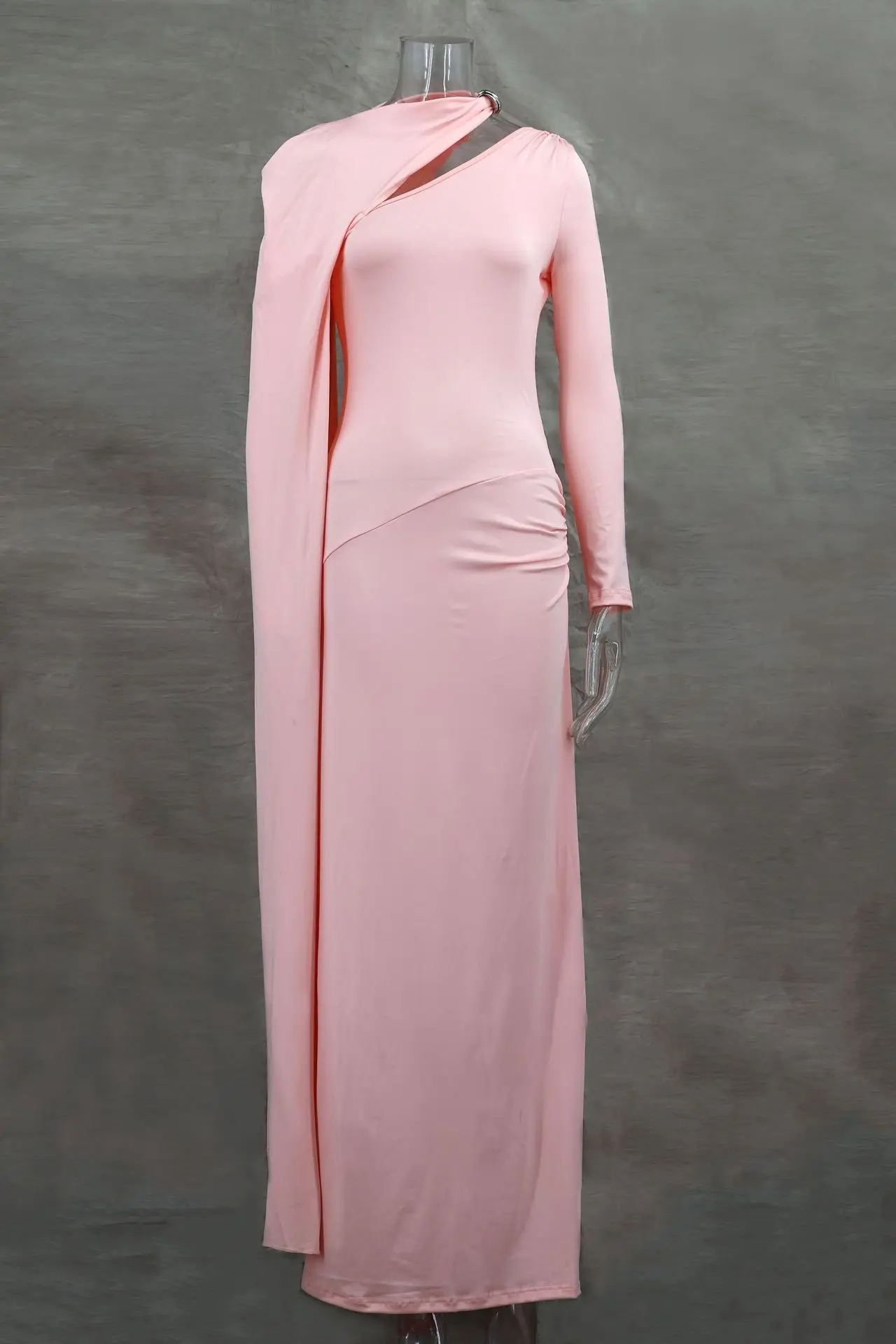 우아한 시스루 케이프 롱 슬리브 맥시 드레스 - 슬림 핏 파스텔 핑크 포멀 이브닝 요트 파티 드레스