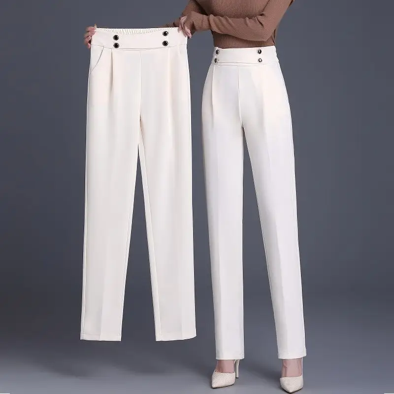 Primavera estate Casual elastico in vita dritto bottoni temperamento donna pantaloni neri a vita alta abbigliamento donna pantaloni semplicità