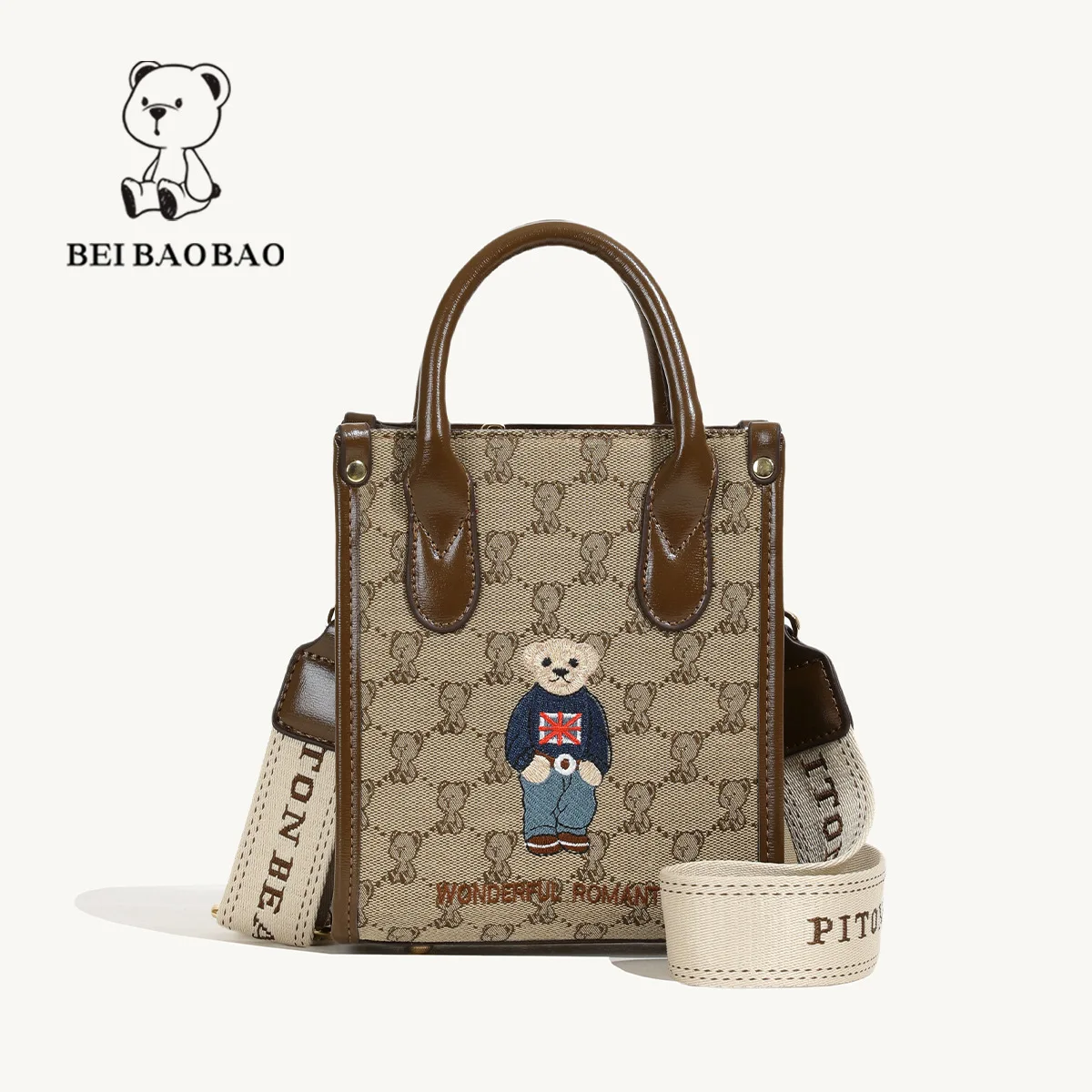 Beibaobao New 2024 Single Shoulder Crossbody Bag Universal Urban Embroidered Canvas Bear Bag Classic Women\'s Bag Handbag