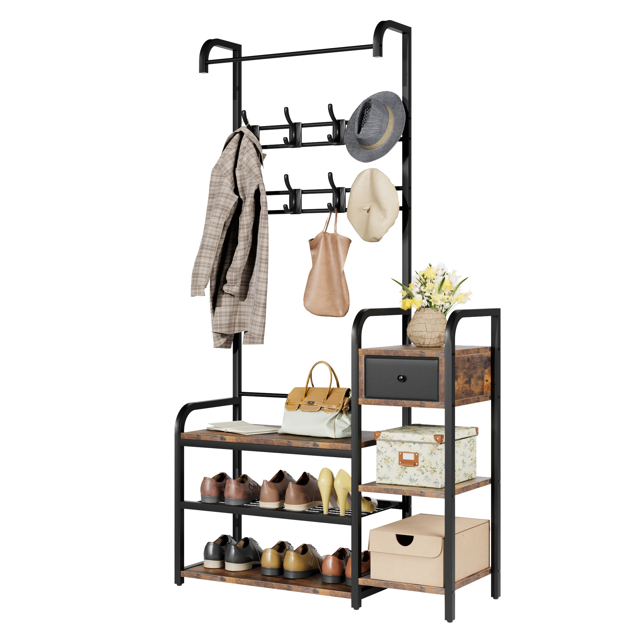 

Hall Tree Ideal for Entryway Small Spaces Bedroom Shoe Bench Drawer 5-in-1 Coat Rack Storage Shelf and 8 Hooks Brown