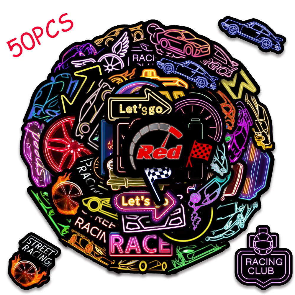 

50PCS Cartoon Neon Light Racer Stickers Racing Decor Party Favors Gifts for Scrapbooking Phone Luggage Skateboard Graffiti Decal