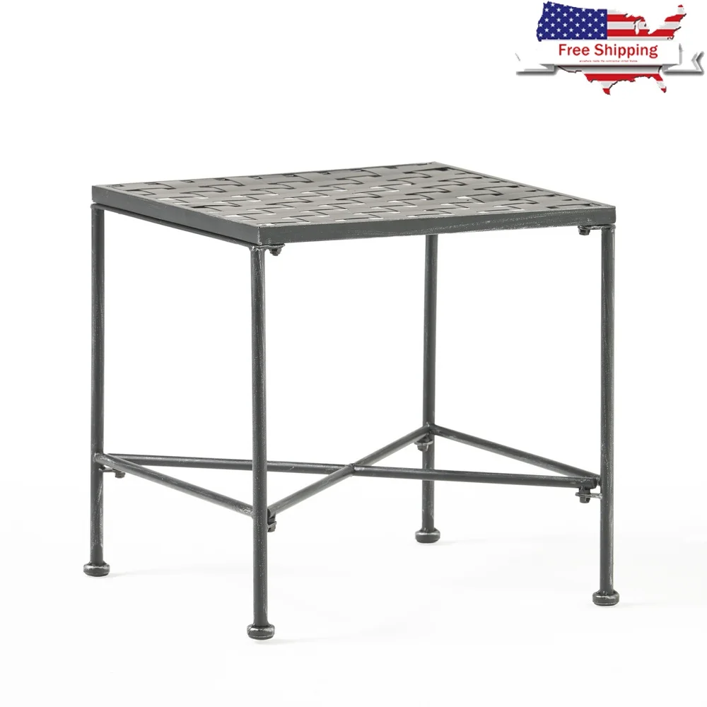 

Outdoor Weather-Resistant Iron End Table Durable Black Silver Finish Square Side Table Patio BBQ Assembly Required
