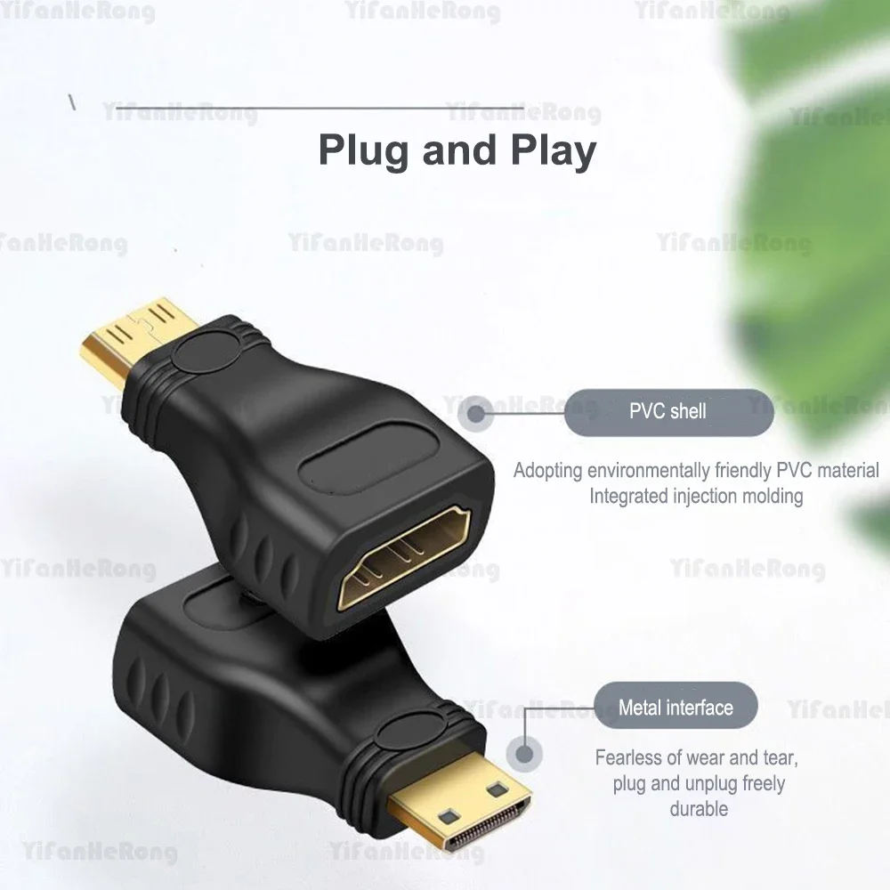 Mini adaptador compatible con HDMI chapado en oro Mini HDMI macho a HDMI hembra adaptador HD 1080P para cámara tableta