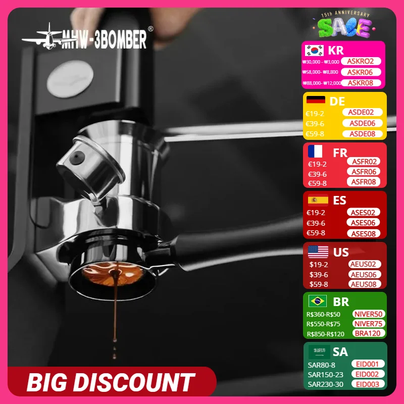 MHW-3BOMBER Espresso Bottomless Portafilter for Breville/Gaggia/Delonghi/Lamarzocco/E61 Coffee Machine with Coffee Filter Basket