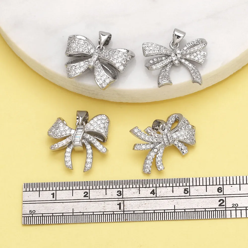 OCESRIO White Crystal Butterfly Knot Pendant for Necklaces Copper Rhodium Plated Jewelry Making Supplies Wholesale Bulk pdtb564