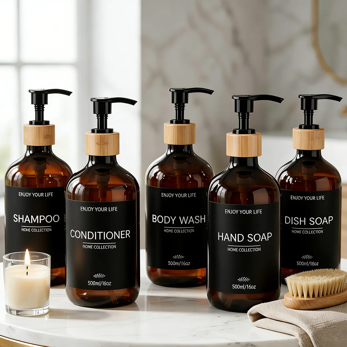 Refillable Amber Plastic Soap Dispenser with Bamboo Pumps Shatterproof Bottles for Shampoo Conditioner Body Wash Hand & Dish