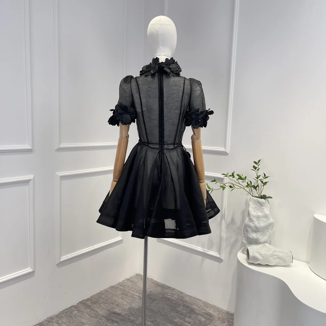 Preto 2023 mais recente coleção de alta qualidade vintage seda linho manga curta cintura tridimensional flor mulher midi vestido