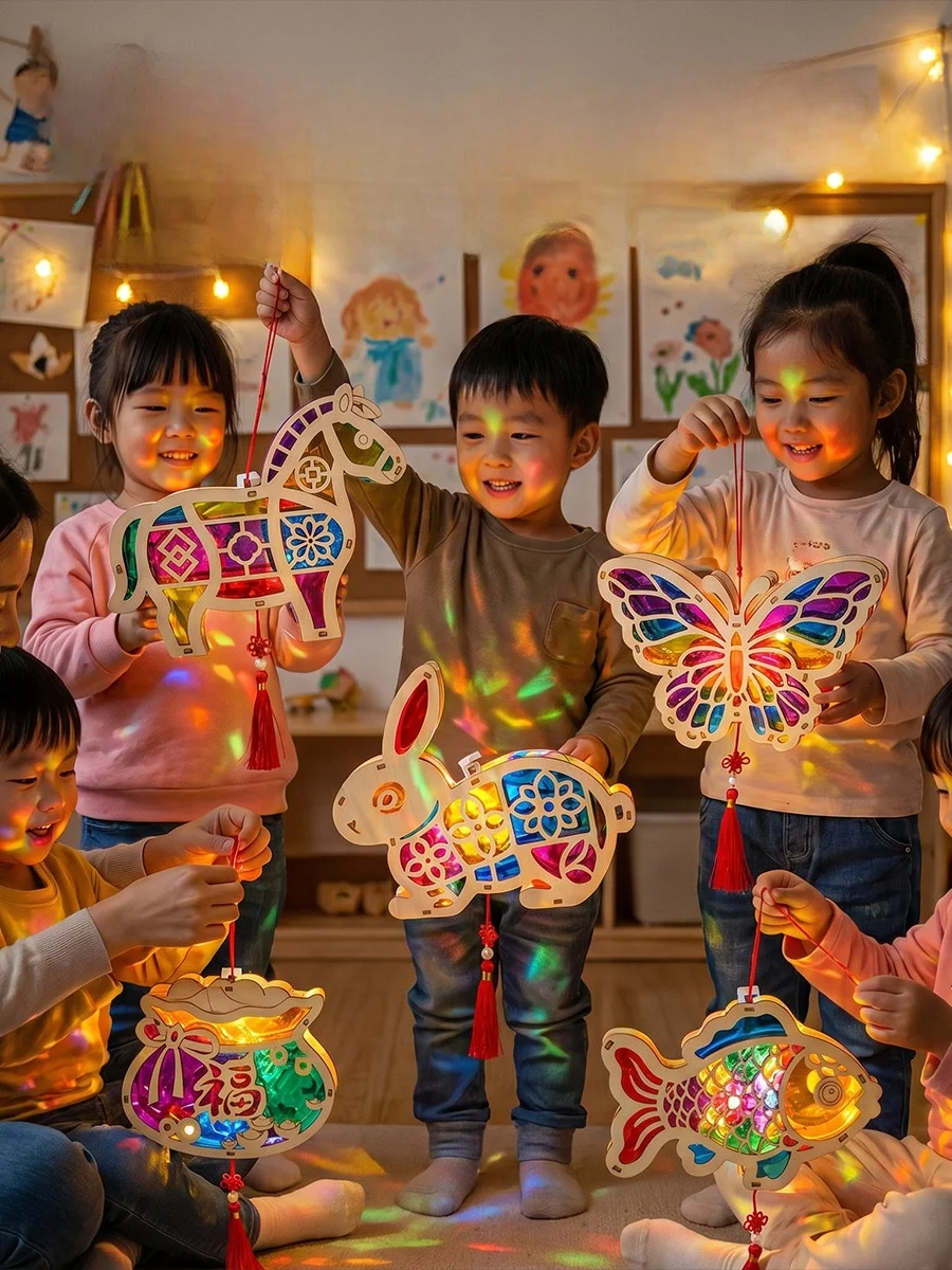 wooden-luminous-glass-paper-lantern-diy-material-kit-handheld-flower-lantern-creative-cartoon-animal-children's-mid-autumn-fe