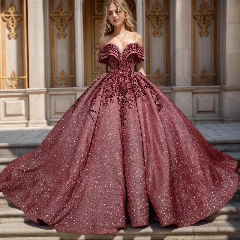 

Red Shiny Off The Shoulder Ruffles Quinceanera Dresses Ball Gown Colorful Appliques Lace Beads Crystal Corset Vestidos Para XV