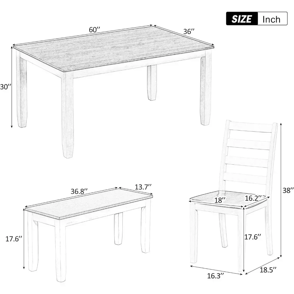 Juego de mesa de comedor de 6 piezas con 4 sillas tapizadas y 1 banco, muebles de salón de madera con rectángulo de 60", mesas de comedor