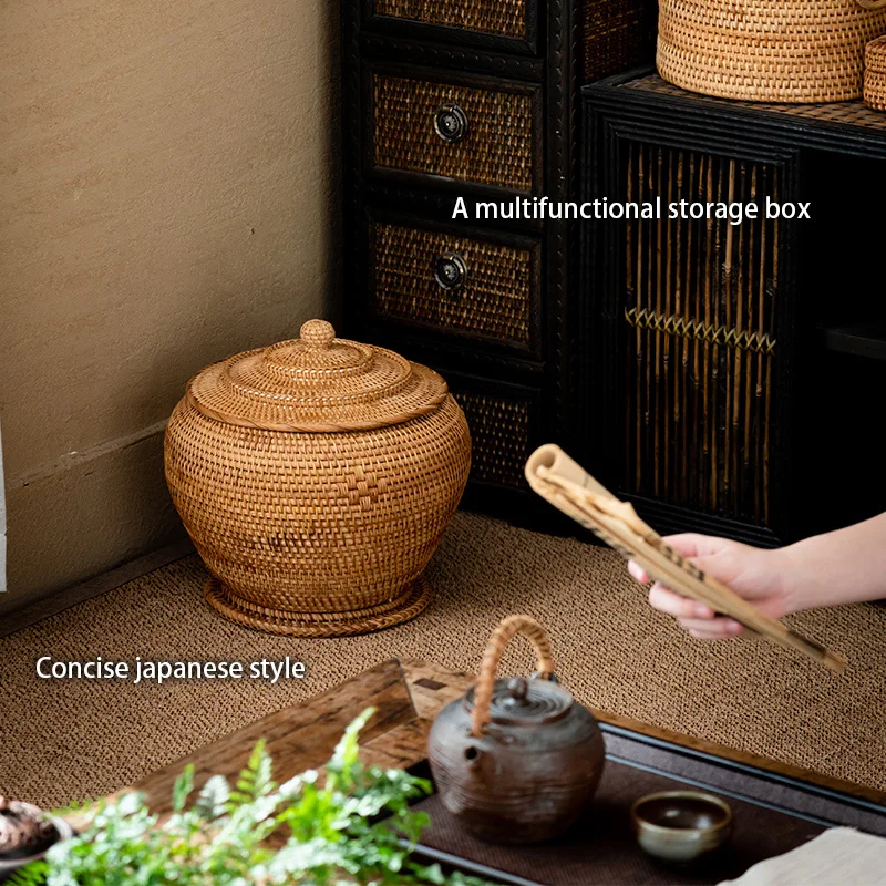 Handwoven Rattan Tea Storage Box With Lid Puer Tea Bag Organizer Green Tea Caddy Snack Canister Food Container Kongfu Tea Set