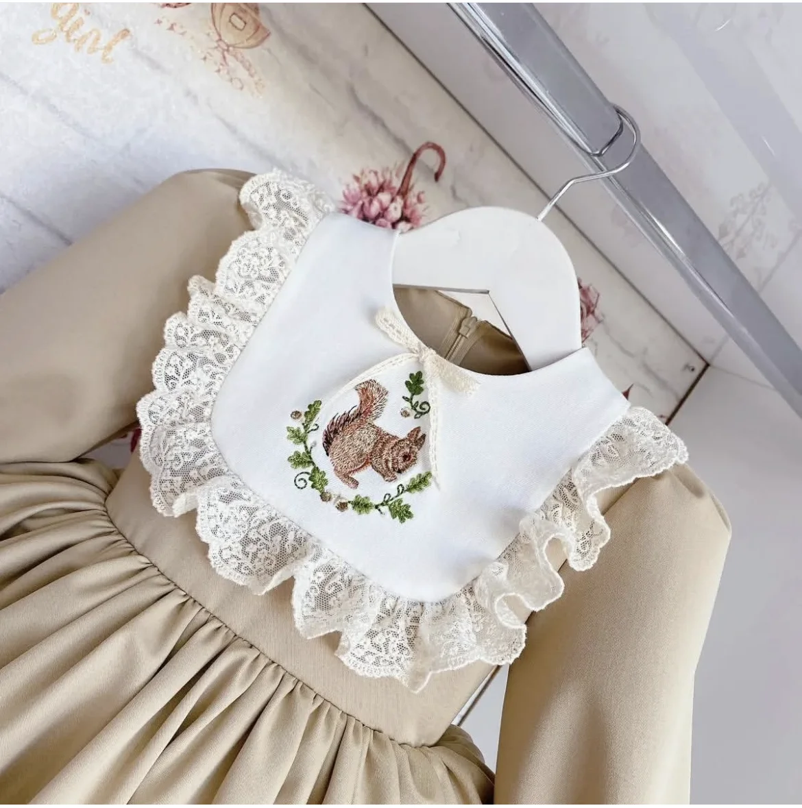 0-12Y Baby Girl Autumn Squirrel Embroidery Khaki Dress for Birthday Holiday Eid Photography Christmas Casual C26