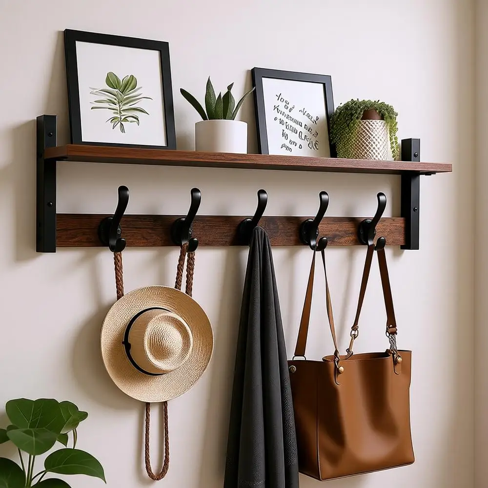 

Настенная вешалка для одежды в деревенском стиле с полкой и крючками, 29 элементов, идеально подходит для декора дома в гостиной, спальне, черная матовая отделка под дерево
