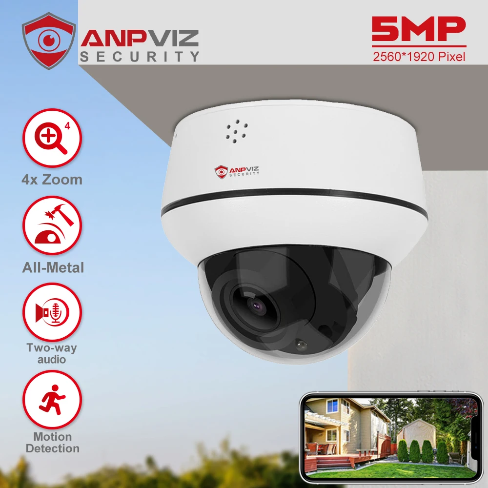 

Anpviz 5MP IP POE PTZ Camera Dome 4X Zoom Outdoor Security Camera Two-Way Audio Built-in Mic Speaker 30m IP66 Motion Detection
