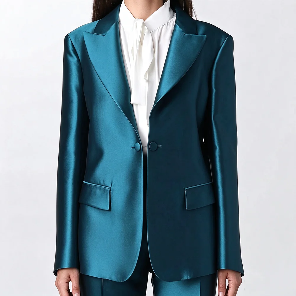 Elegant Satin 2 Piece Suits For Women Classic Notch Lapel Double Breasted Fashion Daily Office Smart Casual Female Outfit
