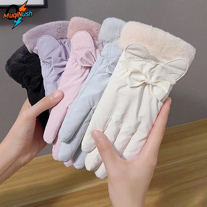 MuqiNush Cute Bowknot Winter Gloves for Women Waterproof Touch Screen Warm Fuzzy Thermal Gloves with Fleece Lining for Skiing