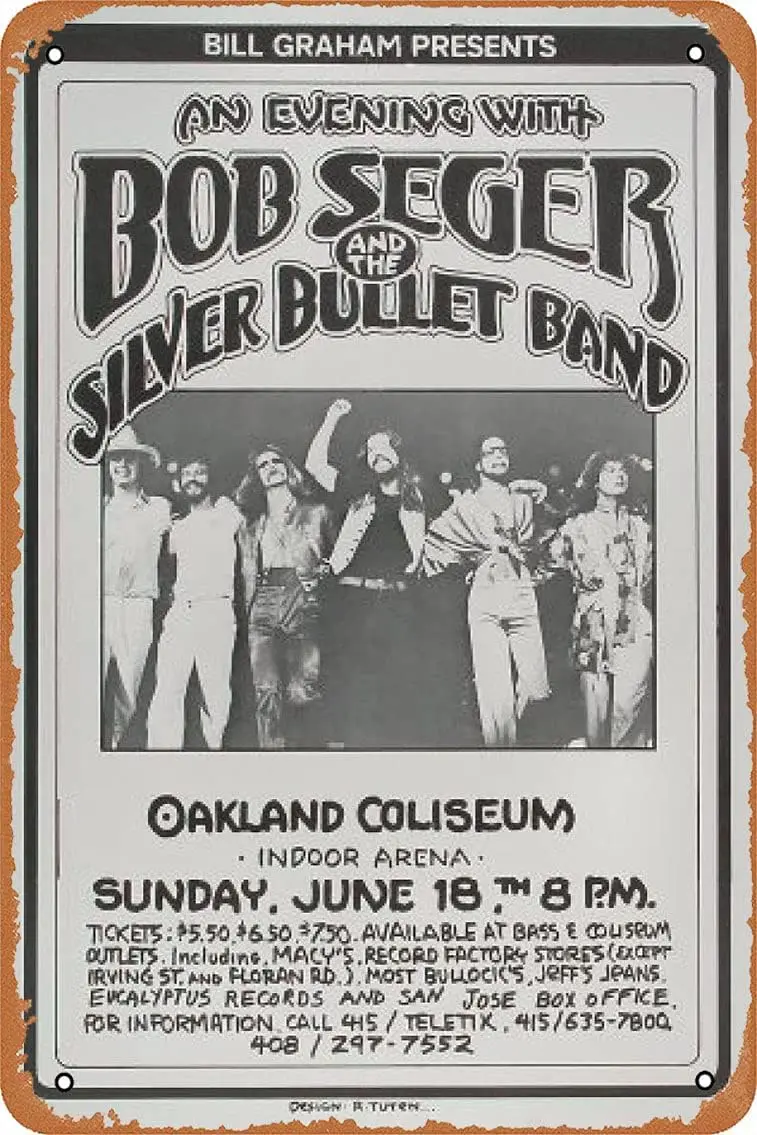 1p,BOB SEGER and the Silver Bullets poster  vintage metal tin logo art deco