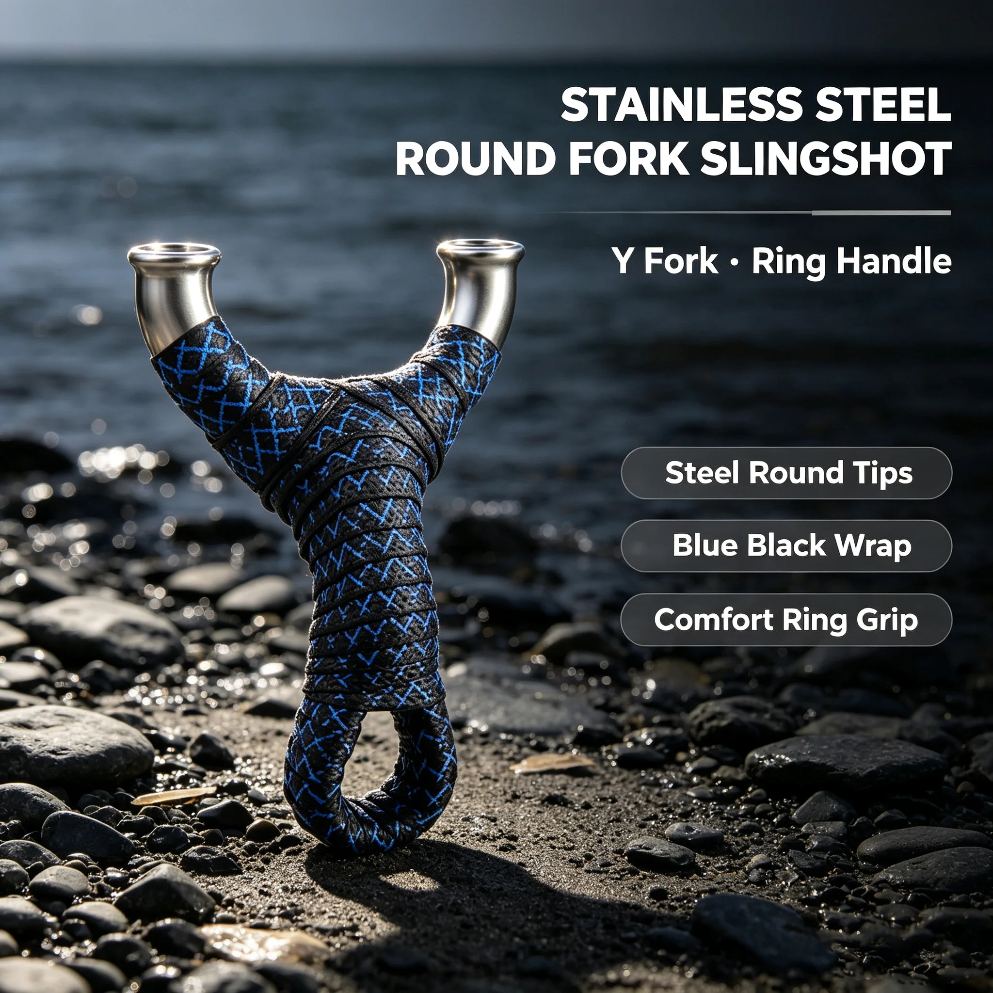 Stainless Steel Recurve Y-Shaped Slingshot with Blue Diamond Wrapped Grip & Finger Ring for Outdoor Target Practice