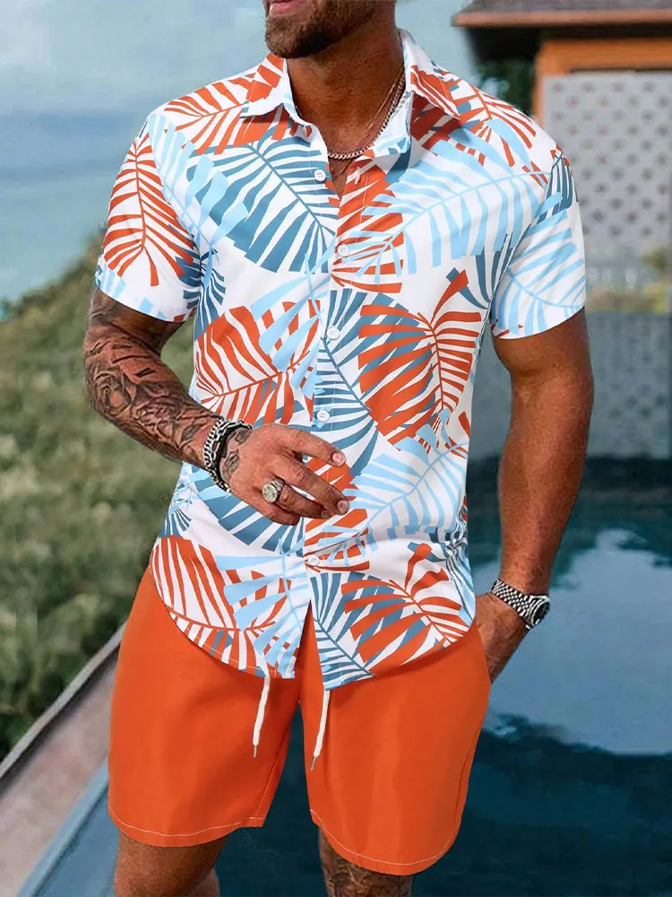 New Palm Leaf Print Men\'s Casual Shirt Hawaiian Men\'s Beach Shorts Summer Everyday Short-sleeved Shirt And Sports Shorts Set