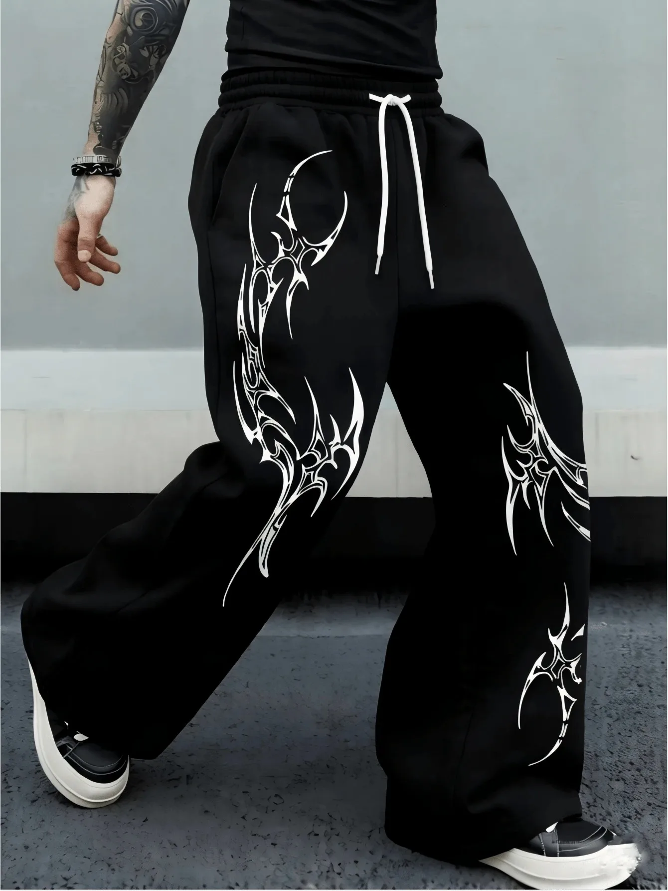 Men's Y2K Dark Style Wide Leg Pants Gothic Thorn Abstract Totem Printed Pants American Hip Hop Street Casual Sports Pants