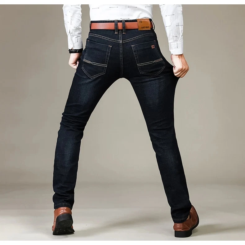 JEAN nouveaux hommes d'affaires jean décontracté droit Stretch mode classique bleu noir travail Denim pantalon mâle marque vêtements