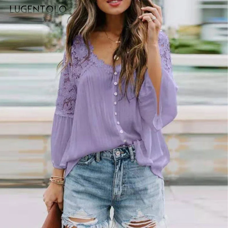 

Women Loose Shirts Solid Lace Long Sleeve V-neck Button Blouses Yops Female Casual Spring Pullover Chiffon Blouse