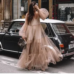 Women Dresses Puff Sleeve V Neck Pullover Party Dress Solid Color High Street Vestidos Loose Fit Sheer Autumn 2023 Ball Gown