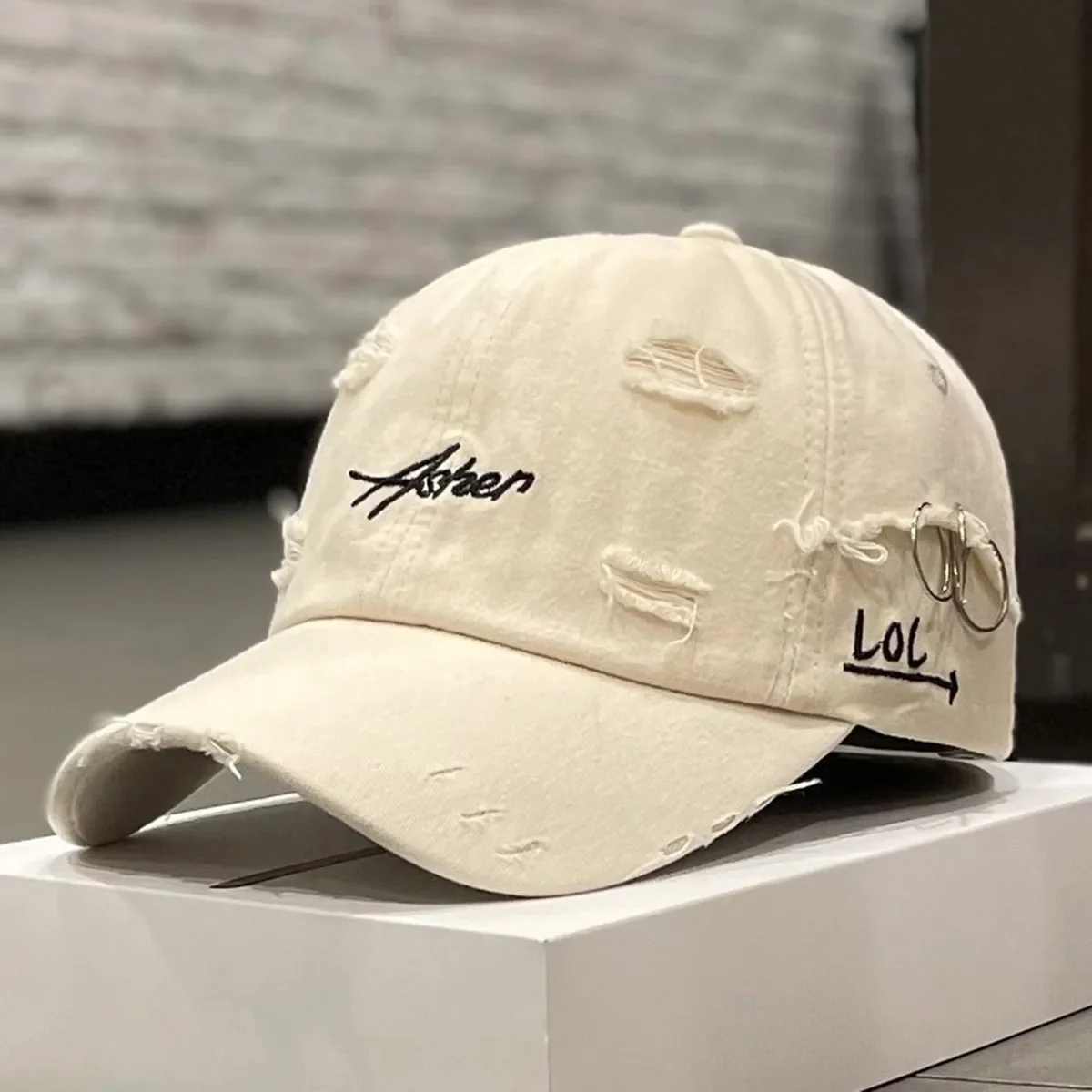 Unisex Asher Embroidery Broken Hole Iron Ring Baseball Caps Outdoor Adjustable Spring and Autumn Casual Sunscreen Hat - view 4