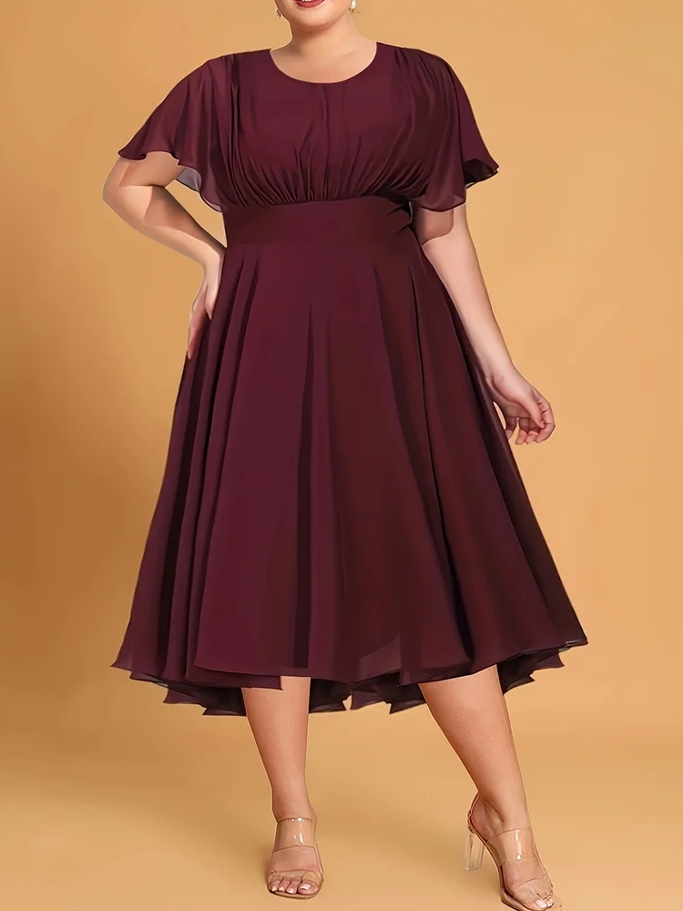 Plus Size Mother of the Bride Dresses Crew Neck Waistband Chiffon Peplum Dress Short Sleeve Party Evening Dress Vestido largo