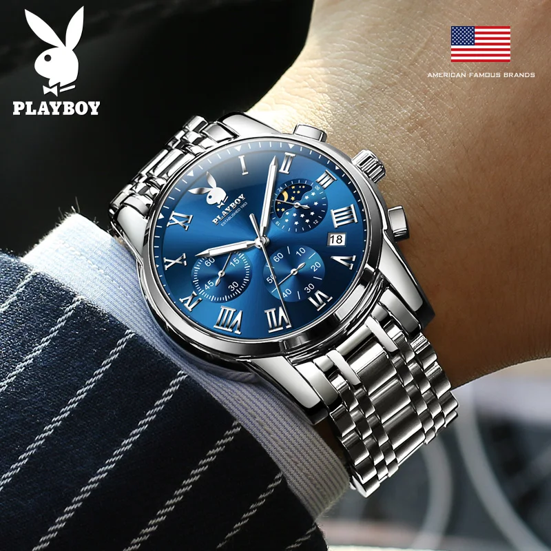 PLAYBOY Top Brand Classic Man Watch Stainless Steel Waterproof Quartz Wrist Watch Men Casual Business High Quality Men\'s Watches