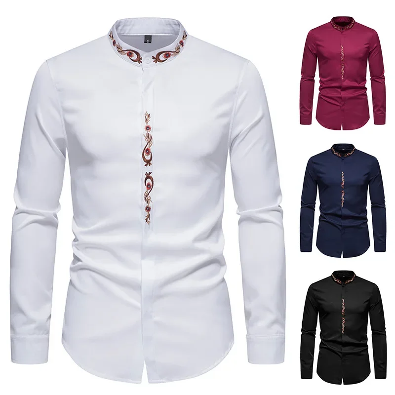 

2023 Autumn New Men's Neckline Embroidered Long Sleeve Shirt Men's Casual Slim Fit Shirt