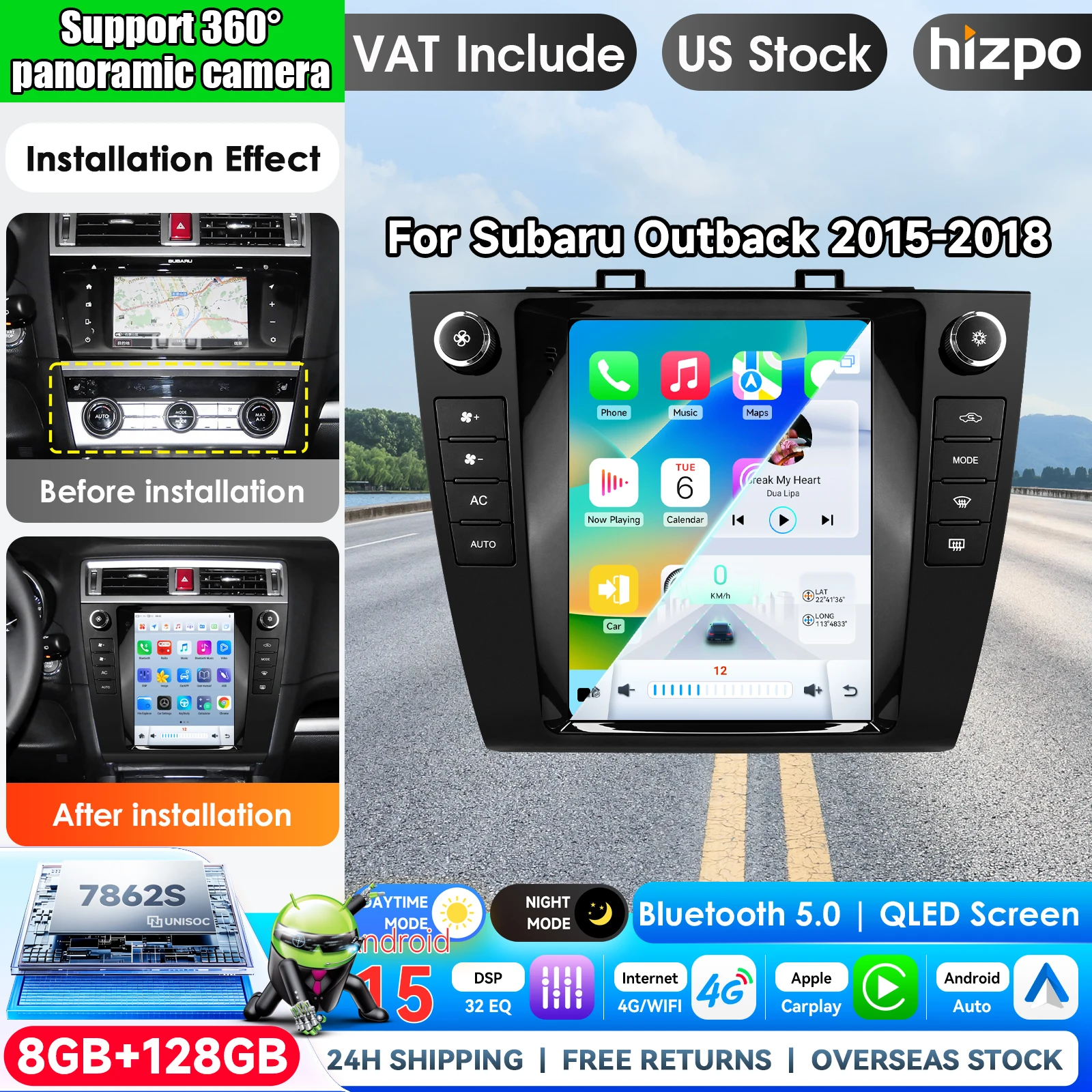 Hizpo 9.7inch For Tesla Style Car Radio For Subaru Legacy Outback 2015-2019 support factory amplifier (such as Harman Kardon), support factory backup camera Android Auto 4G Wireless Carplay DSP Multimedia Player 2Din Stereo Autoradio Navigation GPS Car AI