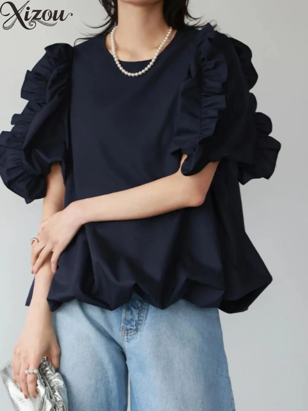Round Neck Short Balloon Bubble Puff Sleeve Blouse Ruffle Frill Trim Loose Spring Summer Japanese Korean Sweet Women Casual