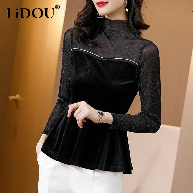 Autumn Winter Half High Collar Sequins Mesh Spliced Velvet T-shirt Top Women Long Sleeve All-match Bottoming Tee Female Clothes