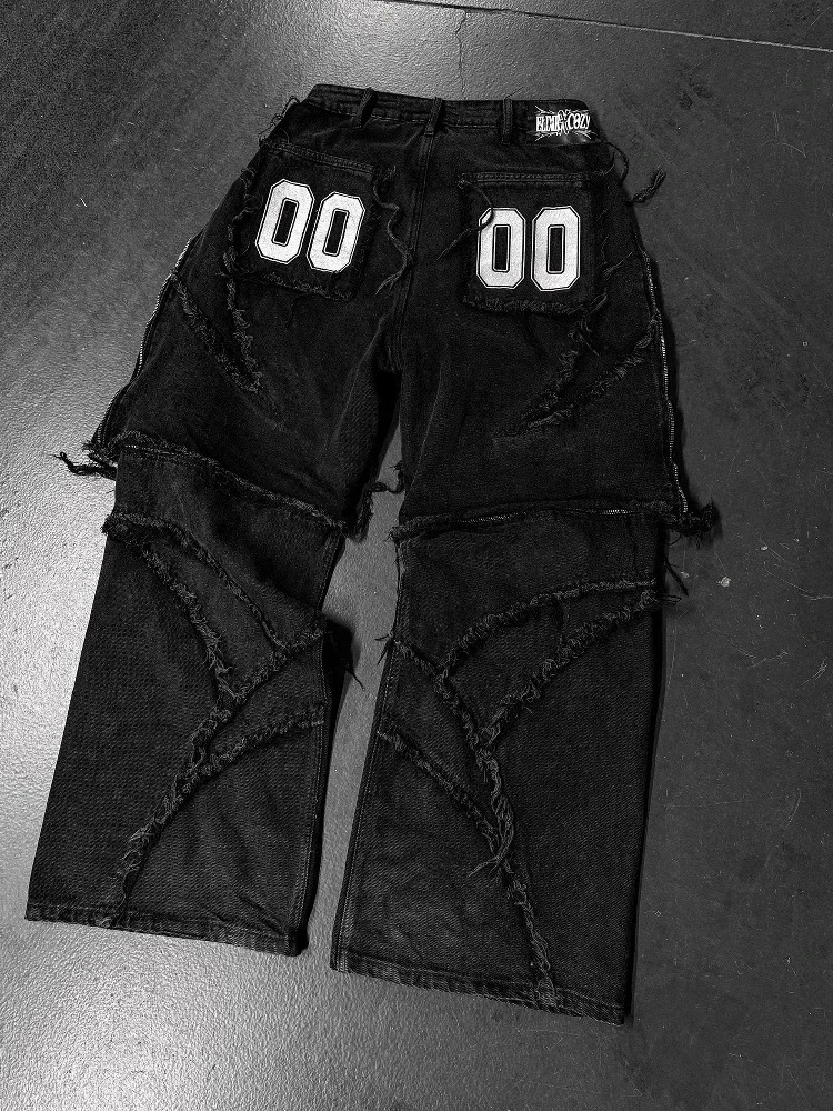 Mens Jeans Y2K Vintage Patchwork Embroidery Stripe Fur Trim Zip Denim Pants Harajuku Unisex Loose Fit Streetwear Retro Fashion view 2