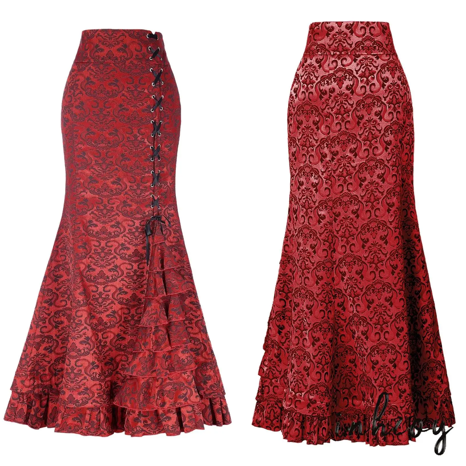 

Medieval Womens Vintage Cosplay Medieval Gothic Punk Jacquard Maxi Skirt Side Lace-up Cascading Ruffles Fishtail Skirt