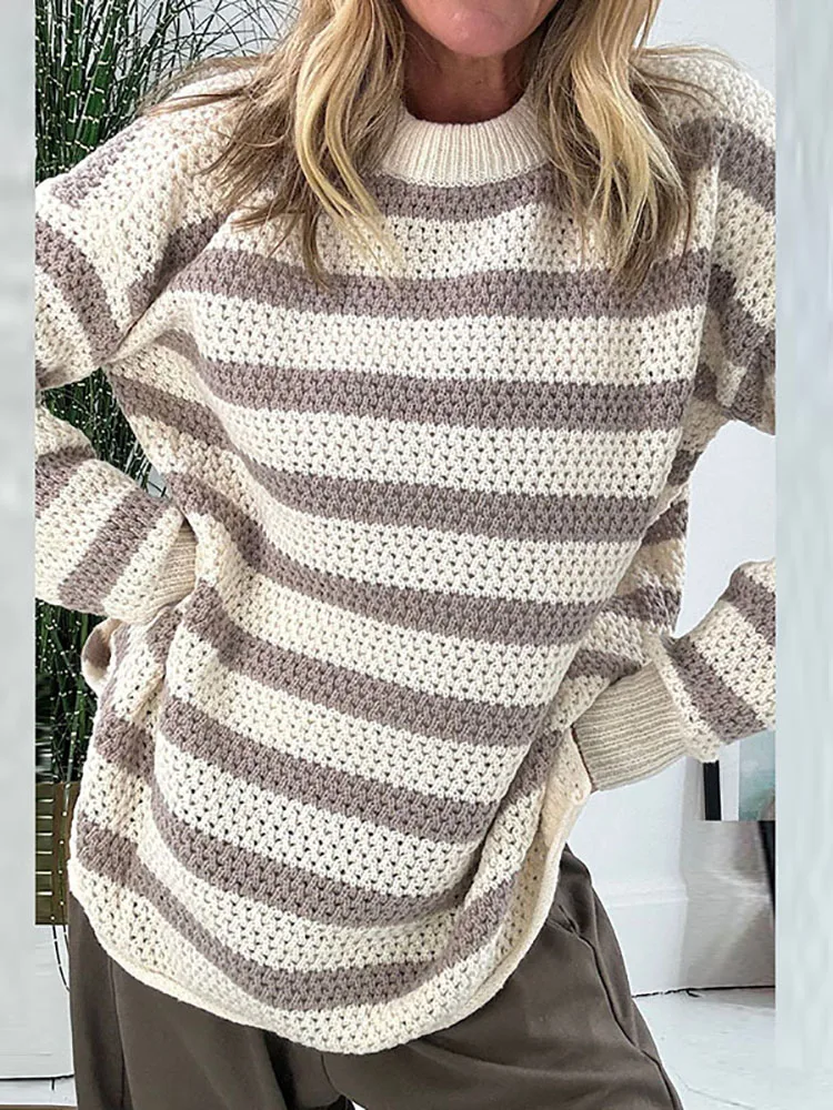 

Новинка 2025, осенний полосатый свободный свитер с принтом, повседневный удобный женский свитер, топ, женский вязаный пуловер с круглым вырезом и длинными рукавами